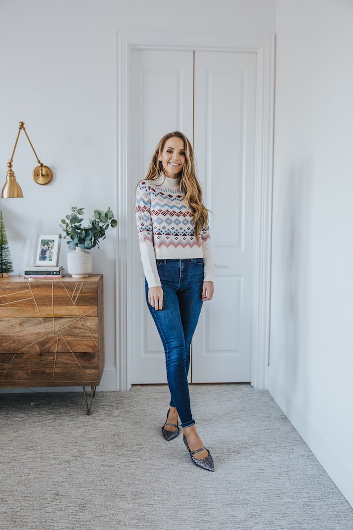 fair isle sweater blue jeans and pointed sparkle flats