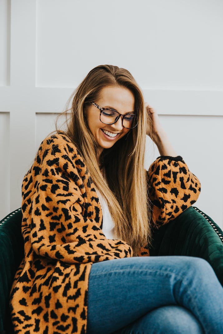 leopard cardigan and glasses