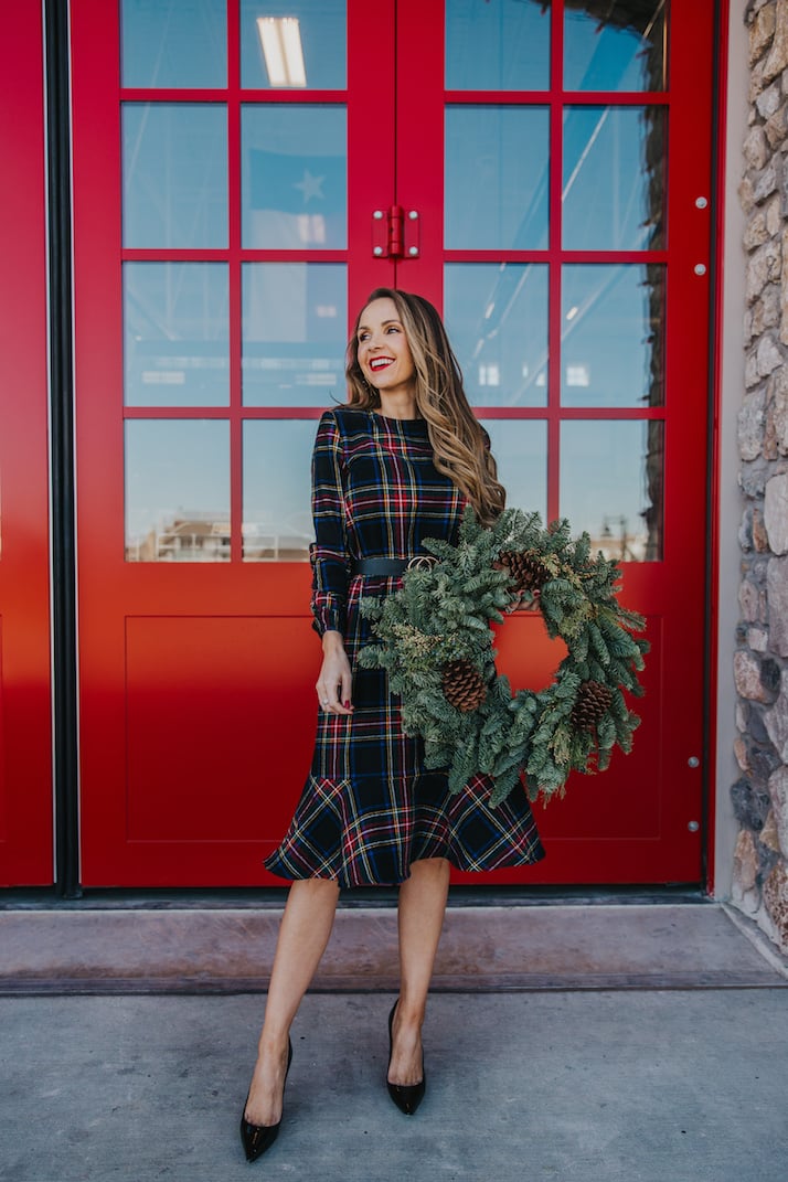 plaid christmas dress with red doors