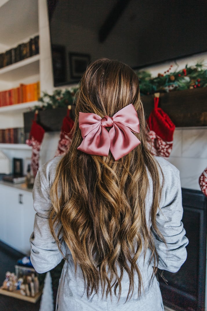 pink silk hair bow with curls
