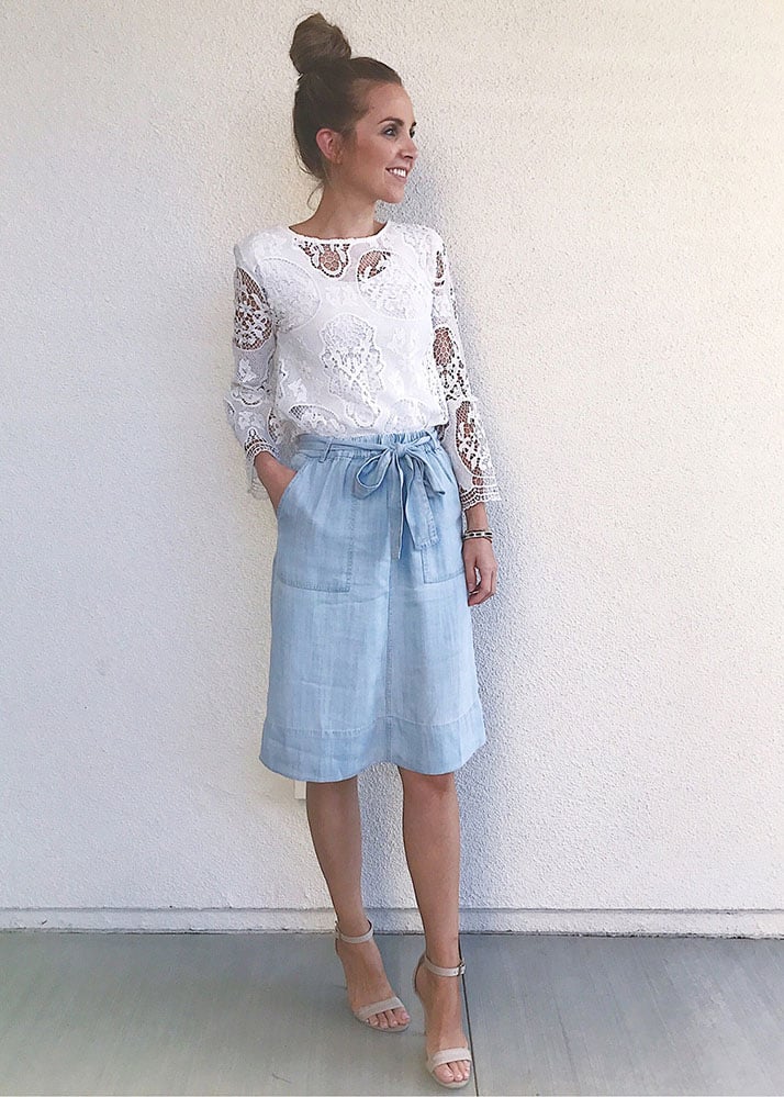 Strap heels and chambray skirt