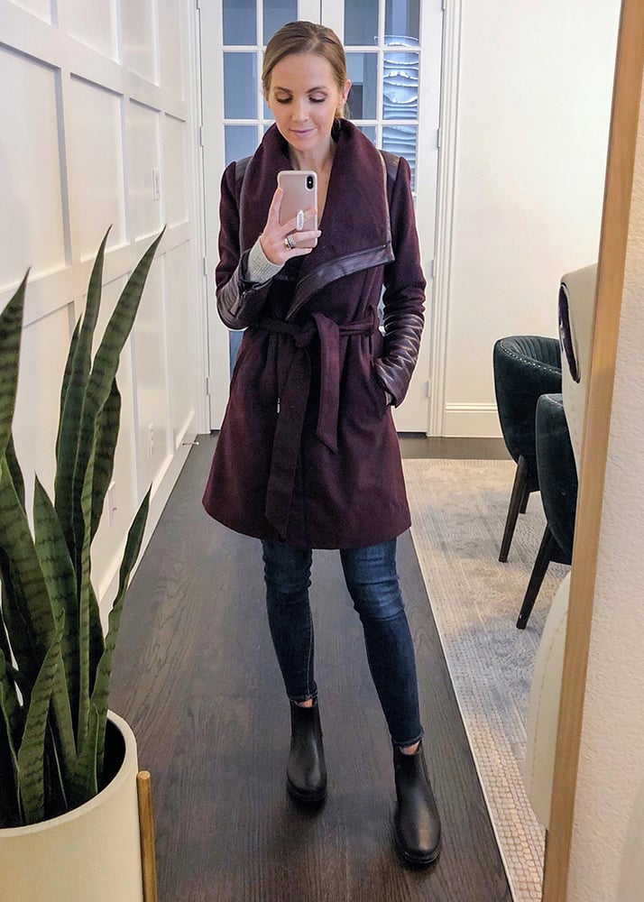 belted jacket with jeans
