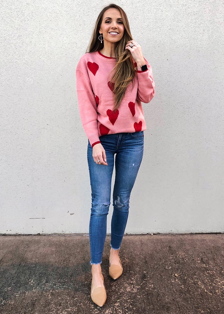 pink heart print sweater and jeans