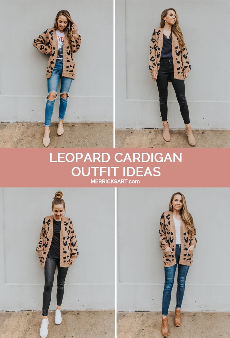 collage of leopard cardigan outfits