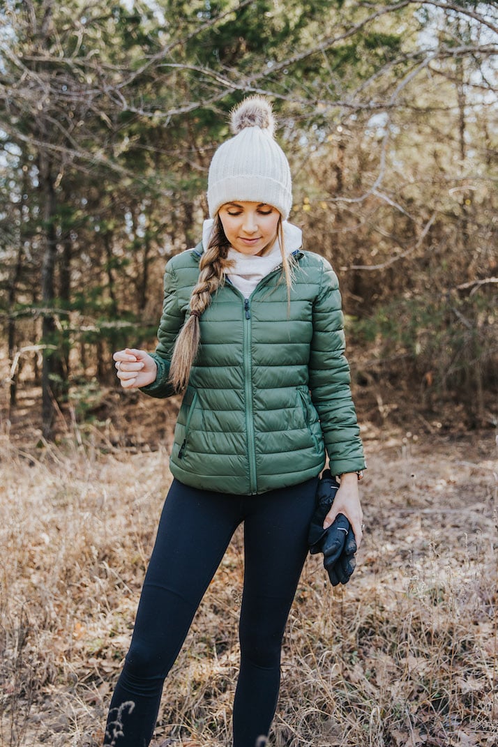 green puffer coat for running