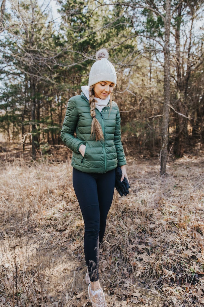 puffer coat and beanie for running