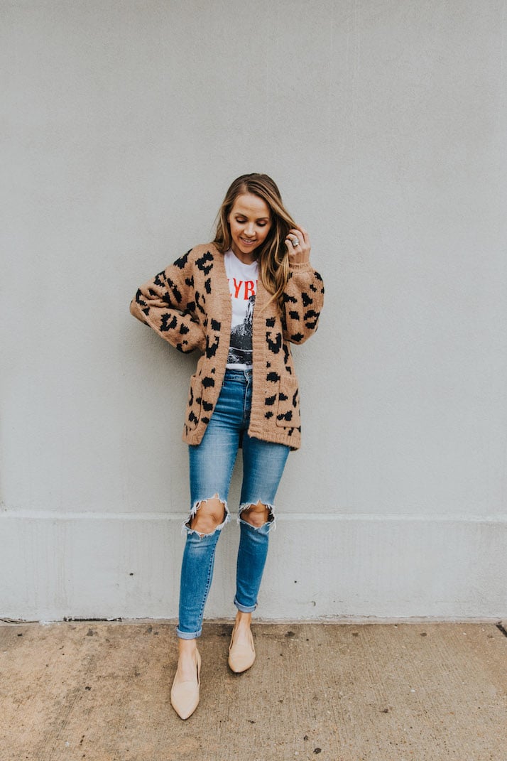 leopard cardigan with graphic tee and distressed jeans