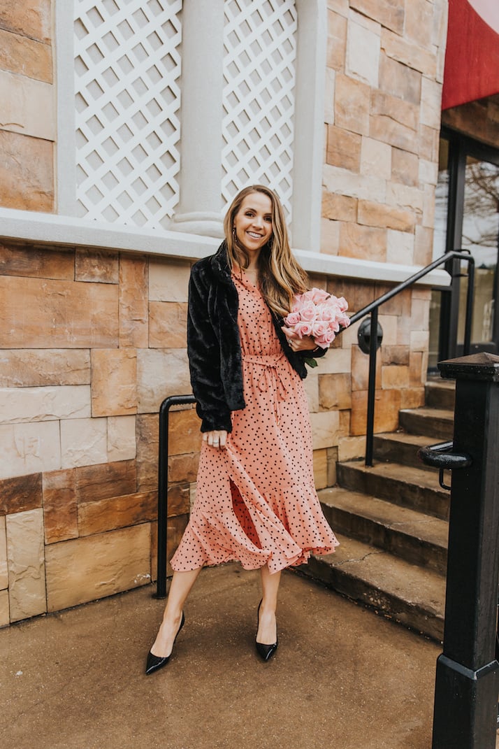 asos polka dot pink dress and black fur jacket what to wear to church