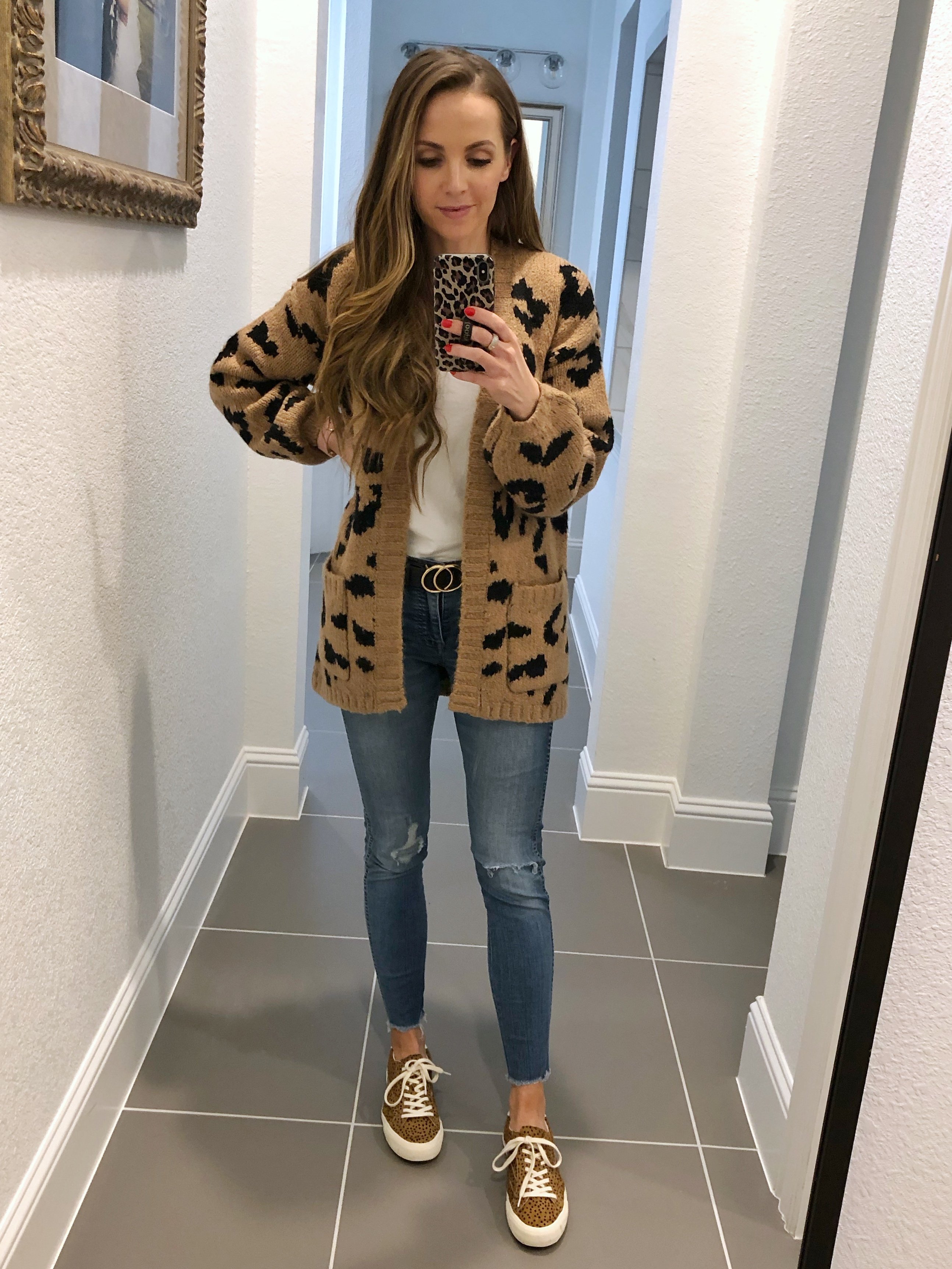 leopard cardigan and leopard sneakers