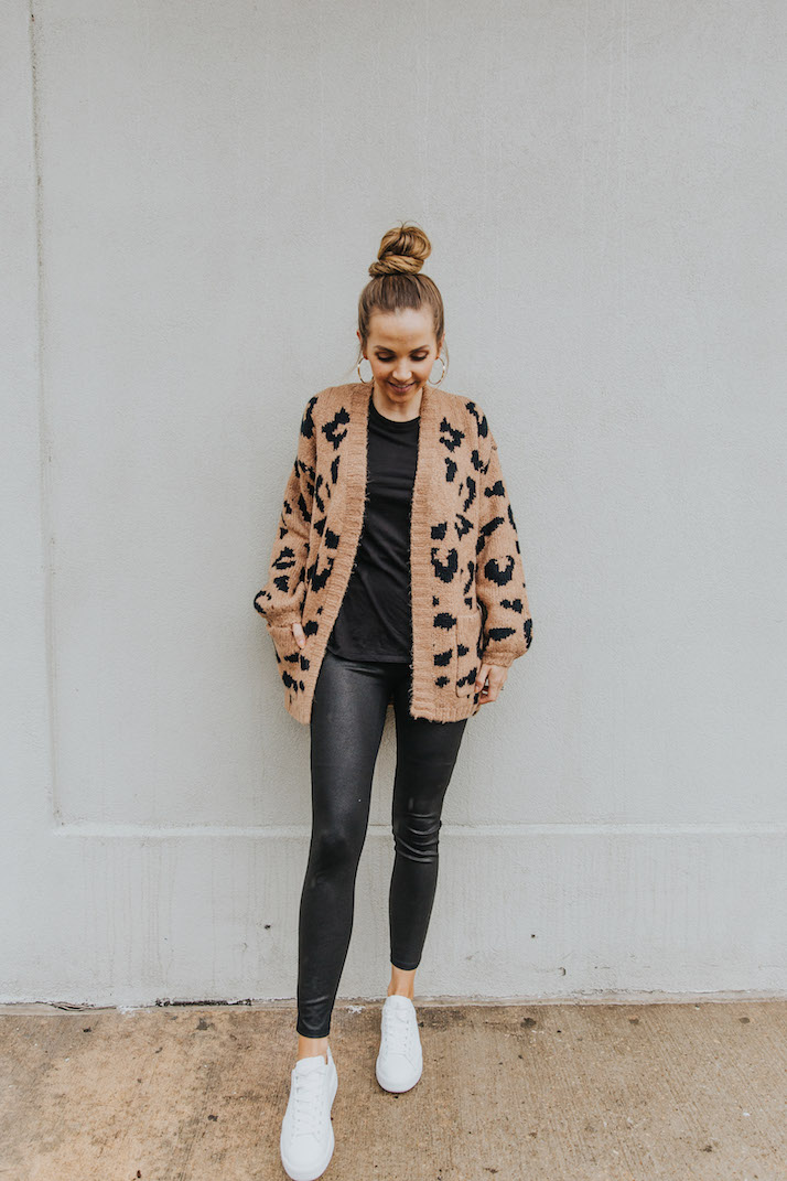leather leggings with leopard cardigan