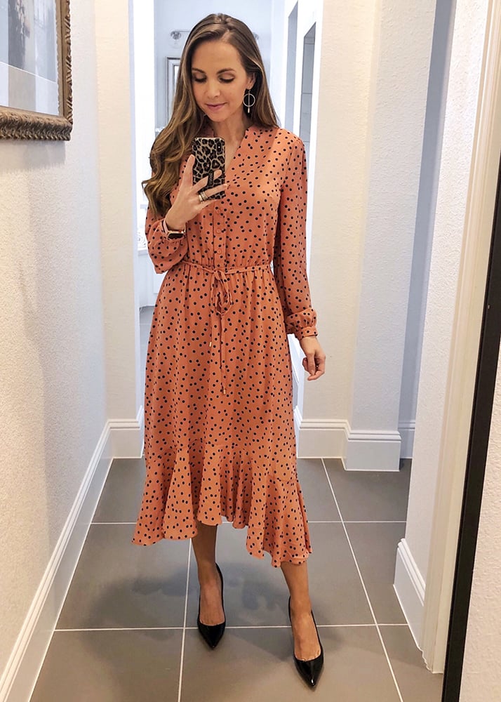 pink polka dot long sleeve ruffle hem dress
