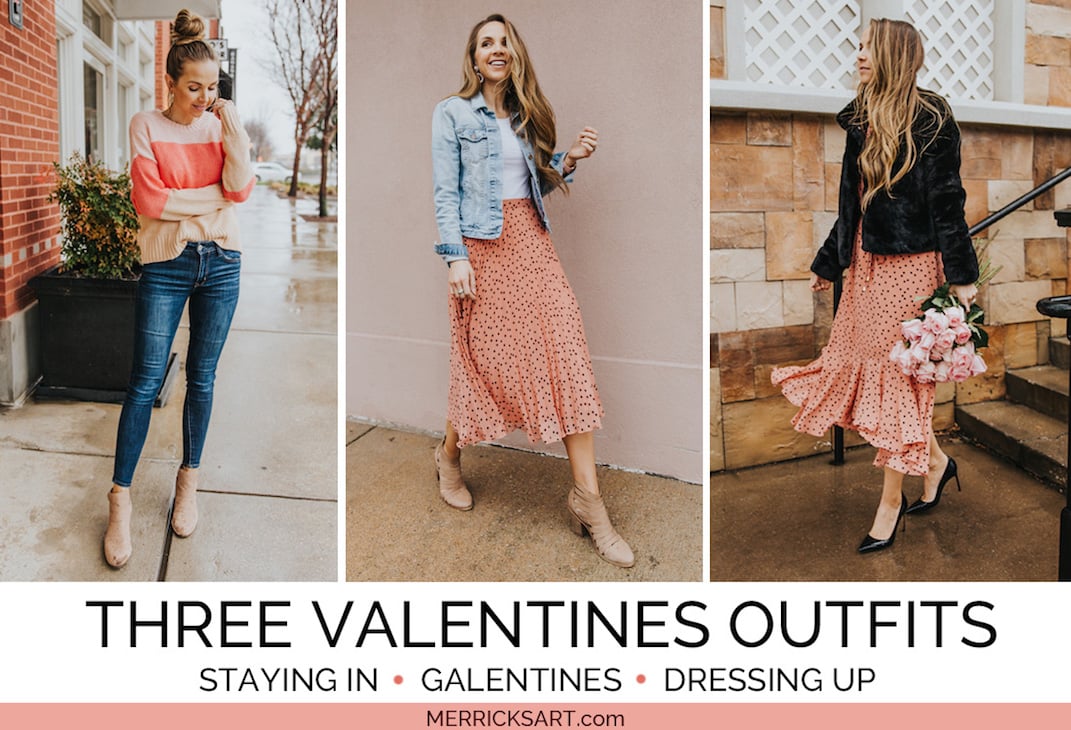 Collage of valentines outfits pink skirt dress and sweater