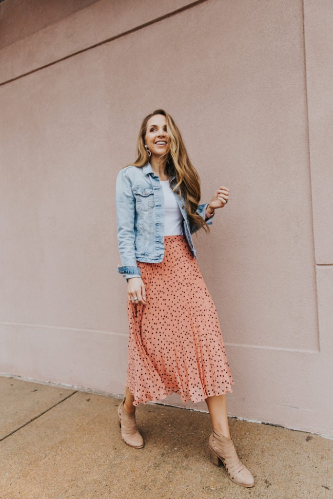 pleated pink midi skirt
