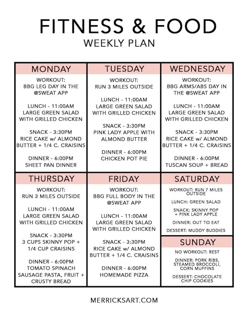 chart with exercise schedule and daily meals
