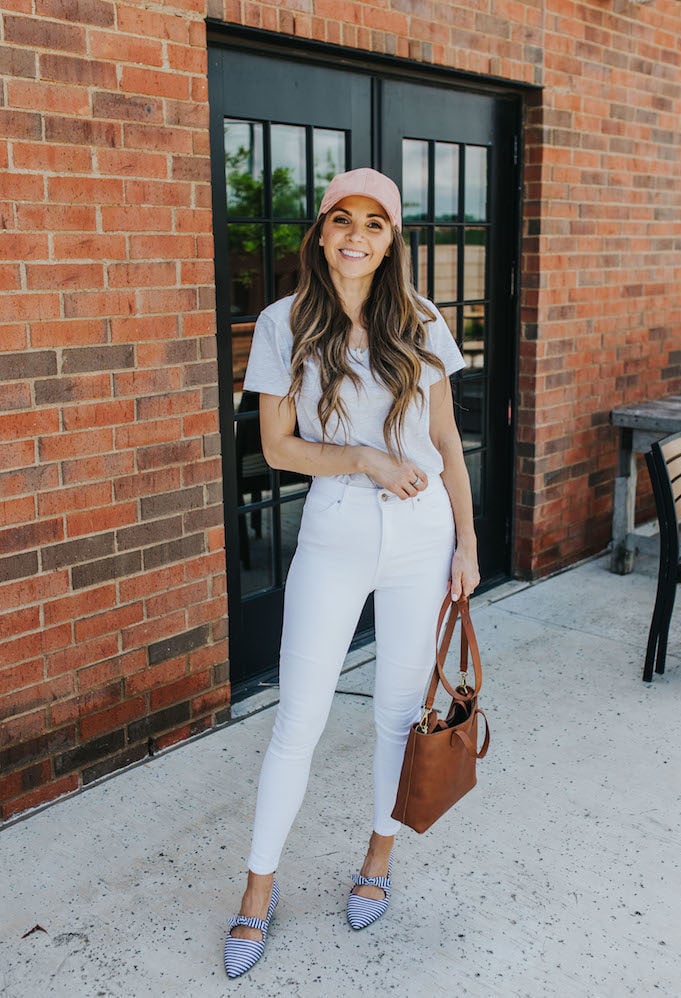 gray t-shirt and white jeans outfit