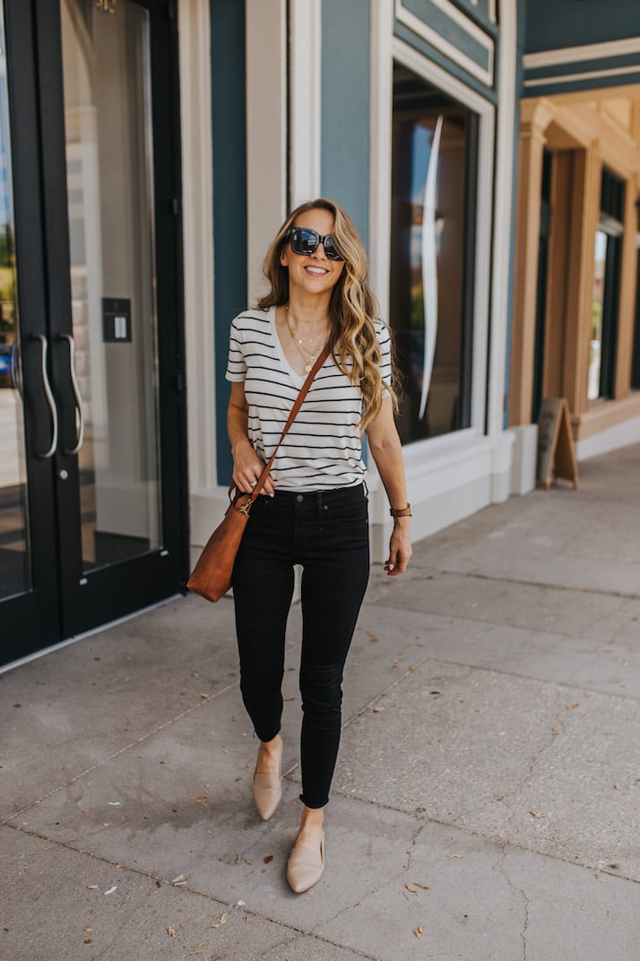 Striped v-neck tee and black jeans