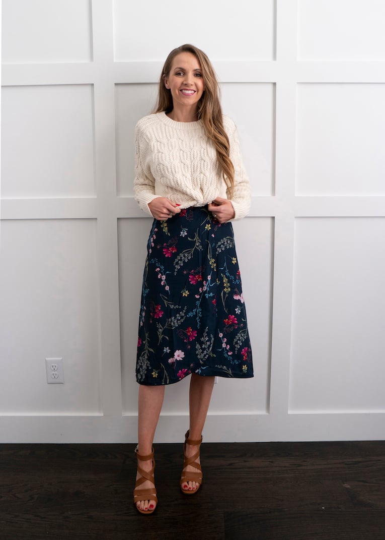 cable knit sweater with floral dress what to wear to church