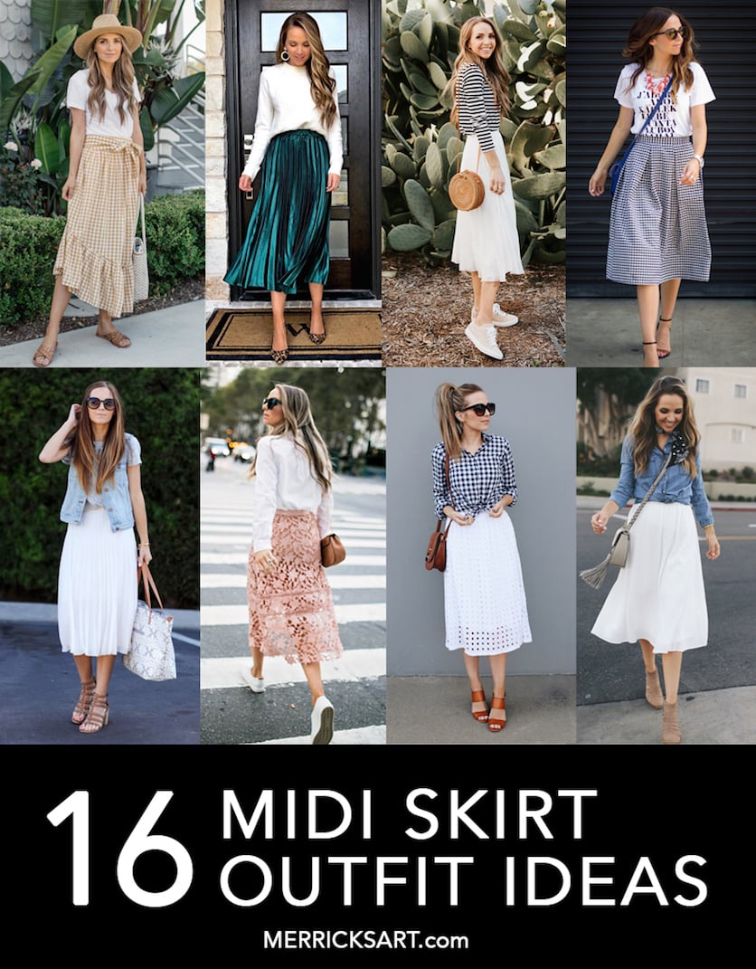 collage of midi skirt outfit idea