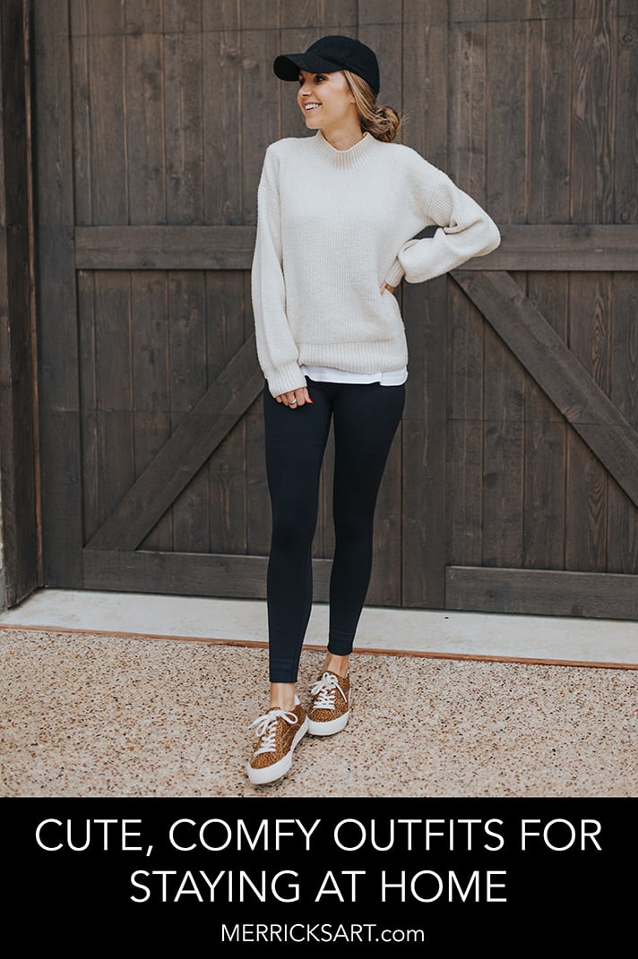 leggings with sweater and baseball cap