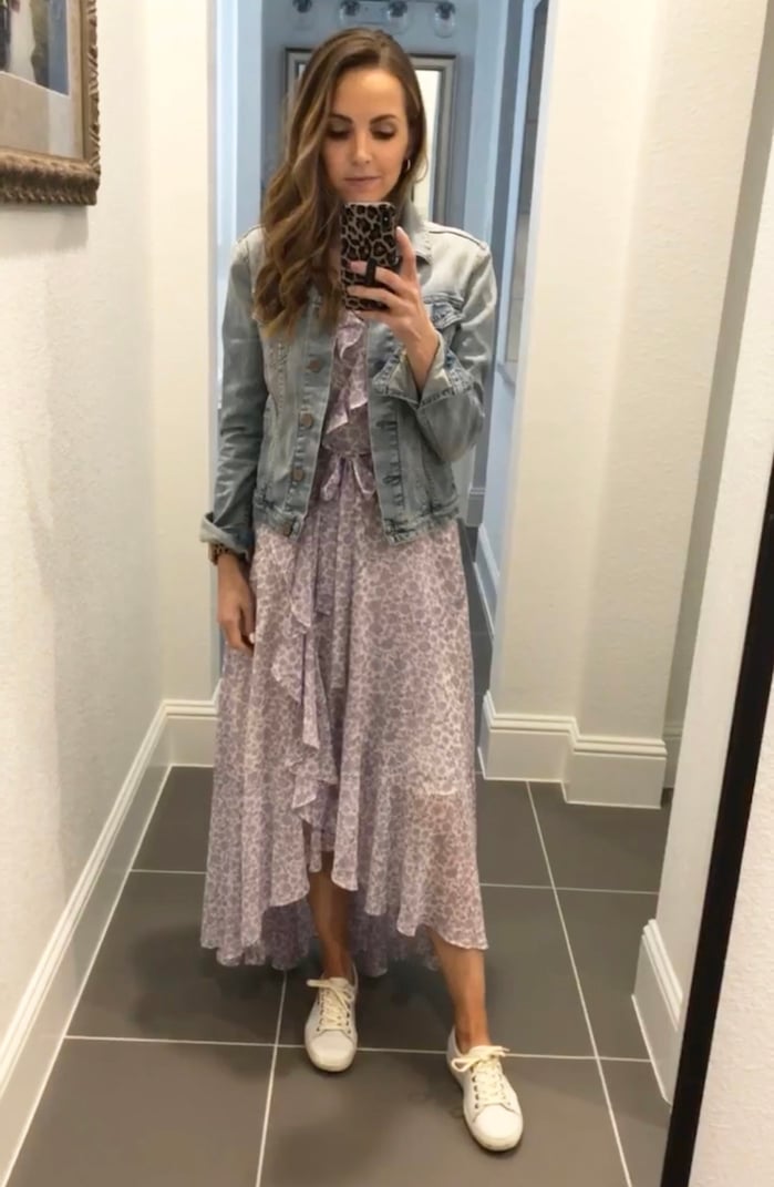 purple gal meets glam floral ruffle dress with denim jacket