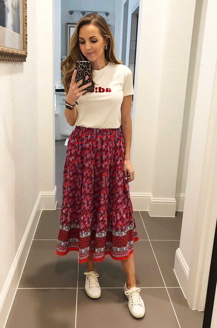 red midi skirt and graphic tee