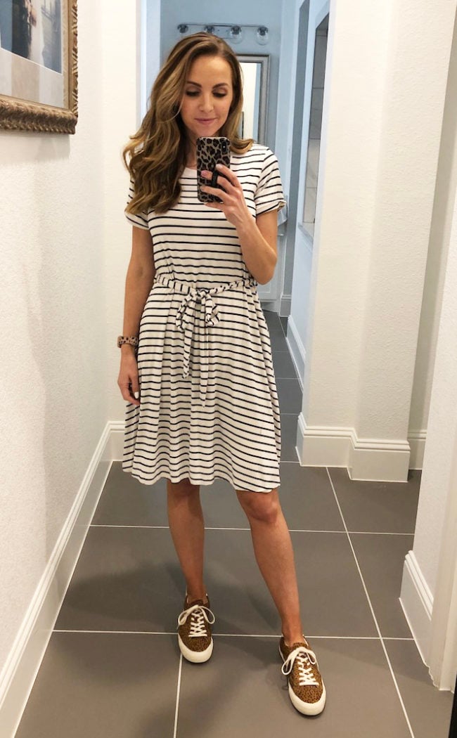 striped merrick white dress with leopard sneakers