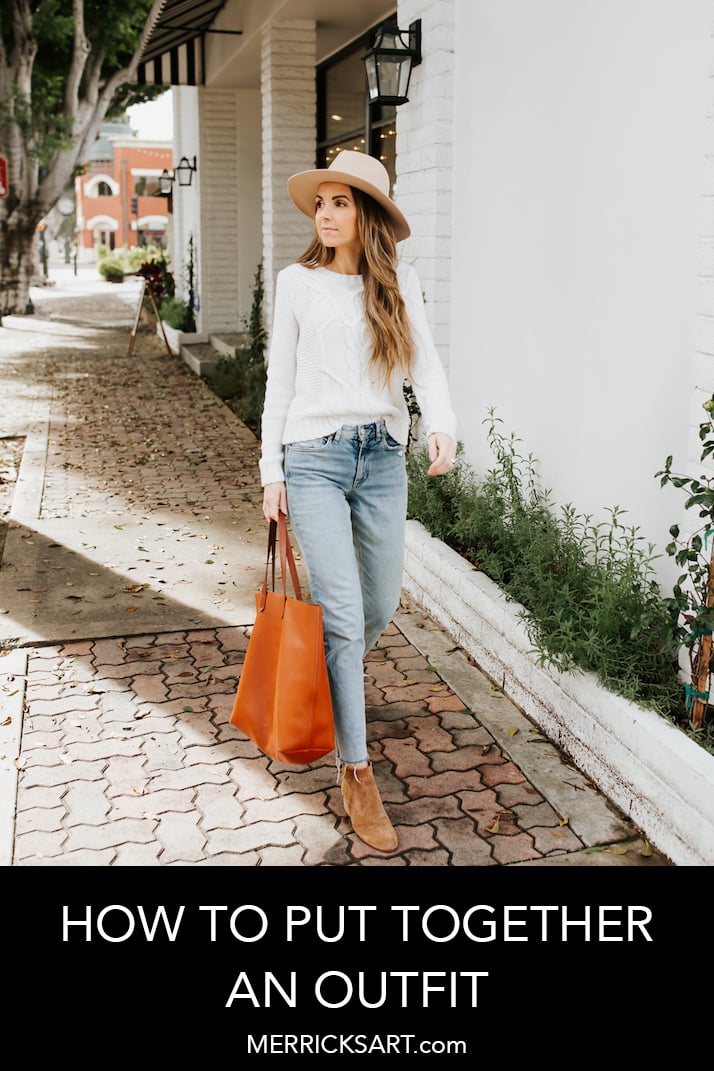 light wash jeans, cream sweater, felt hat
