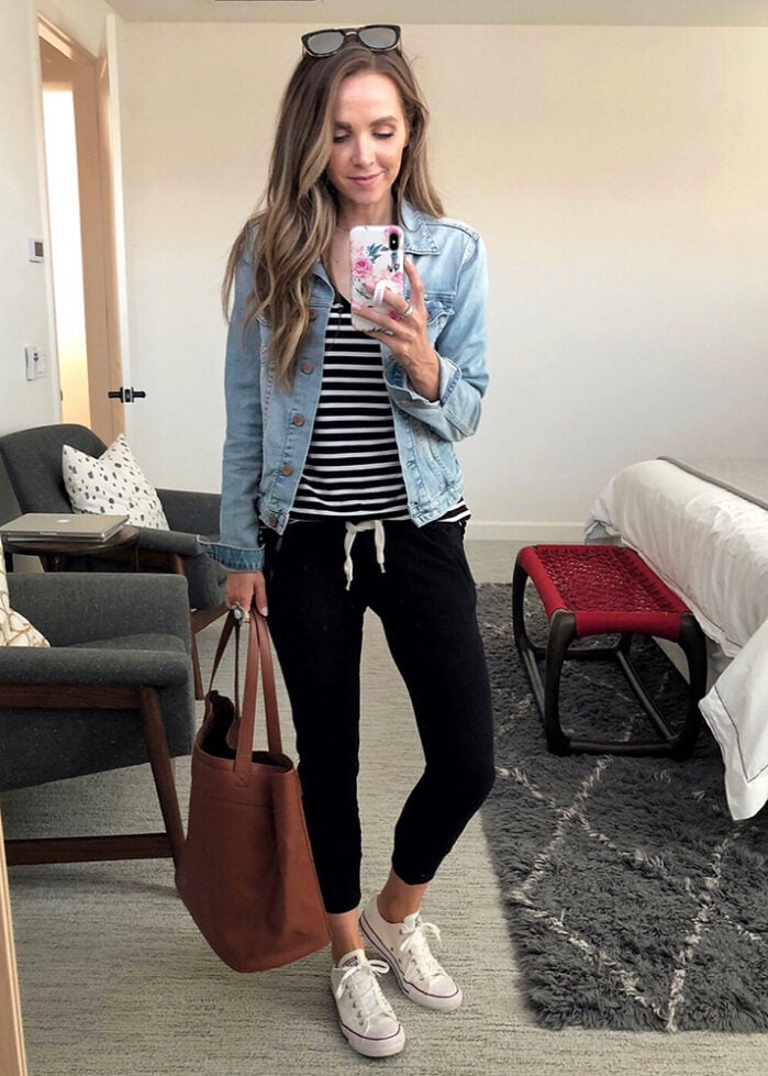 weekend recap - denim jacket and black joggers