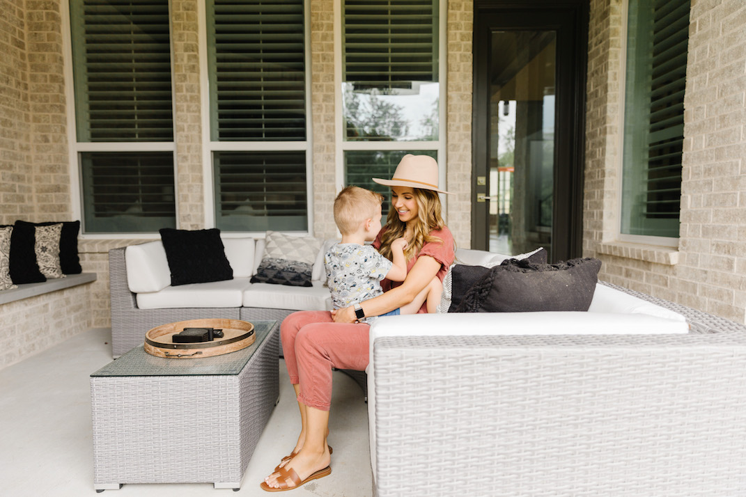 outdoor living room with curved sectional