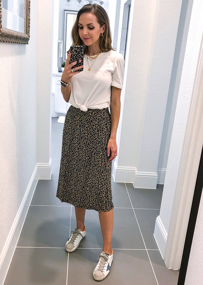 leopard midi skirt and white tee