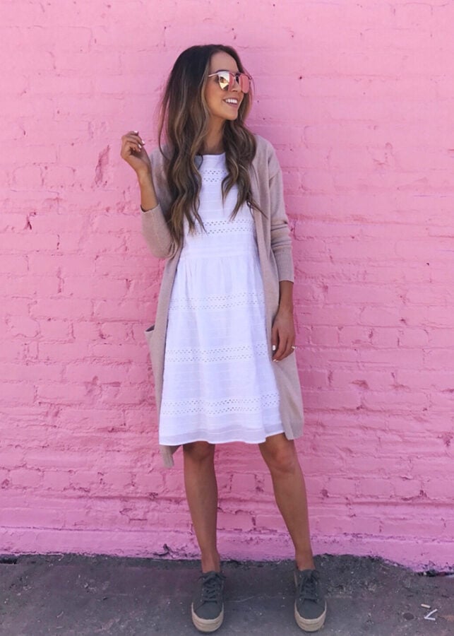 white eyelet dress and cardigan