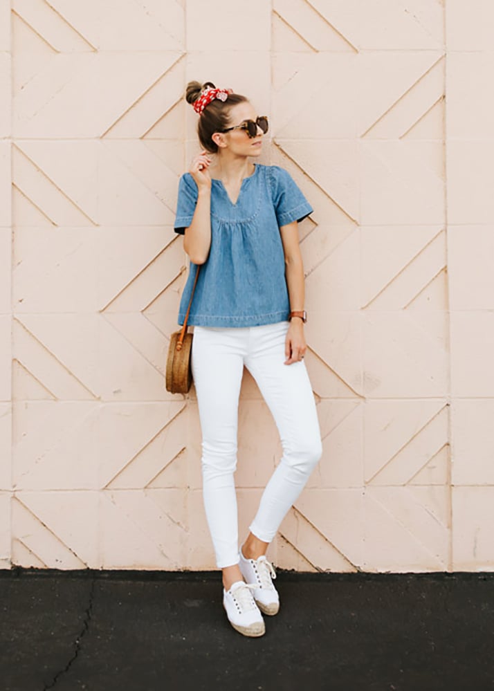white jeans and denim top