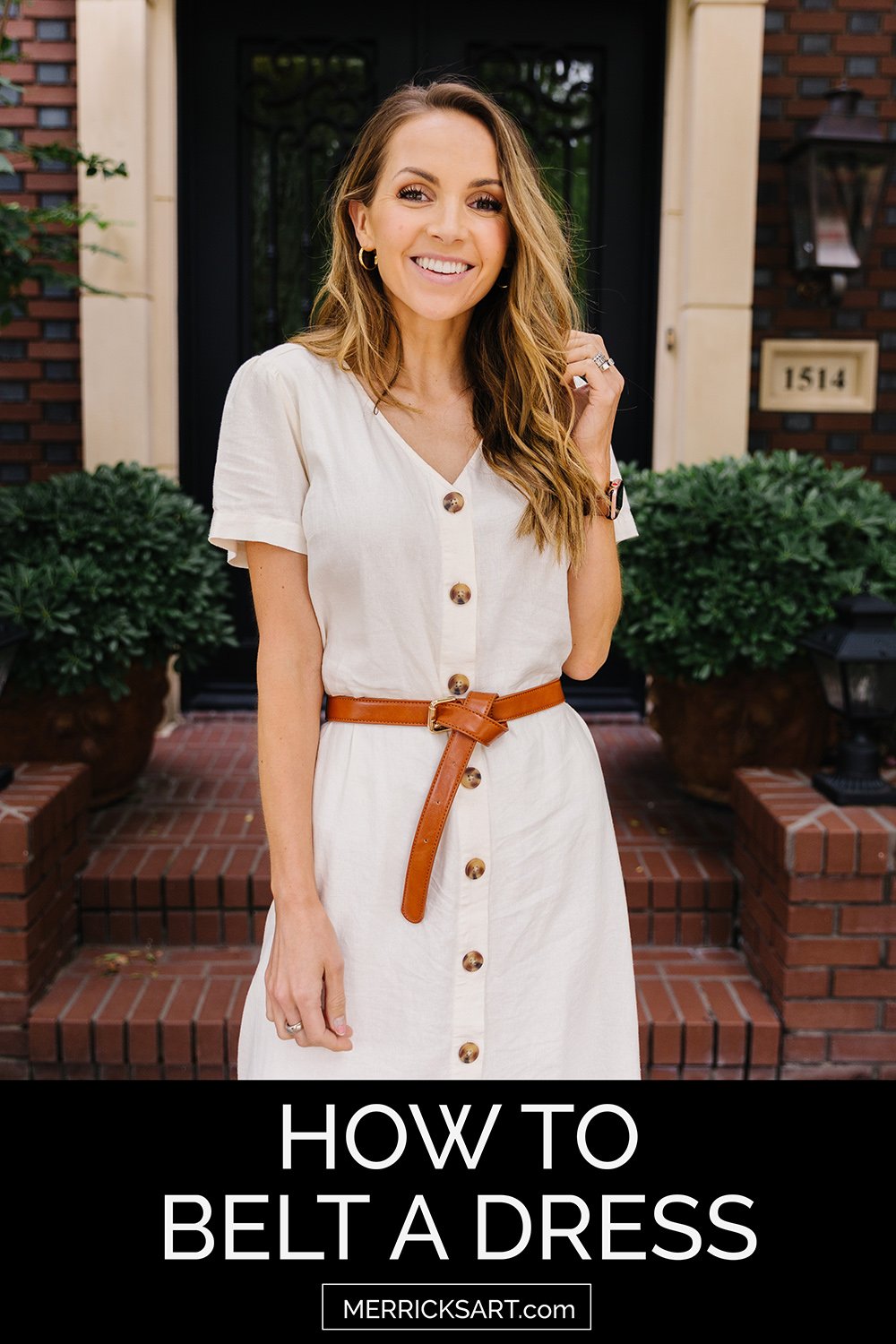 white linen dress with brown leather belt