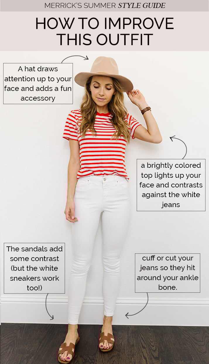 white jeans outfit with striped shirt