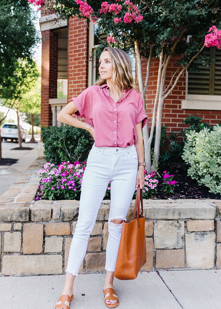 pink top and white jeans