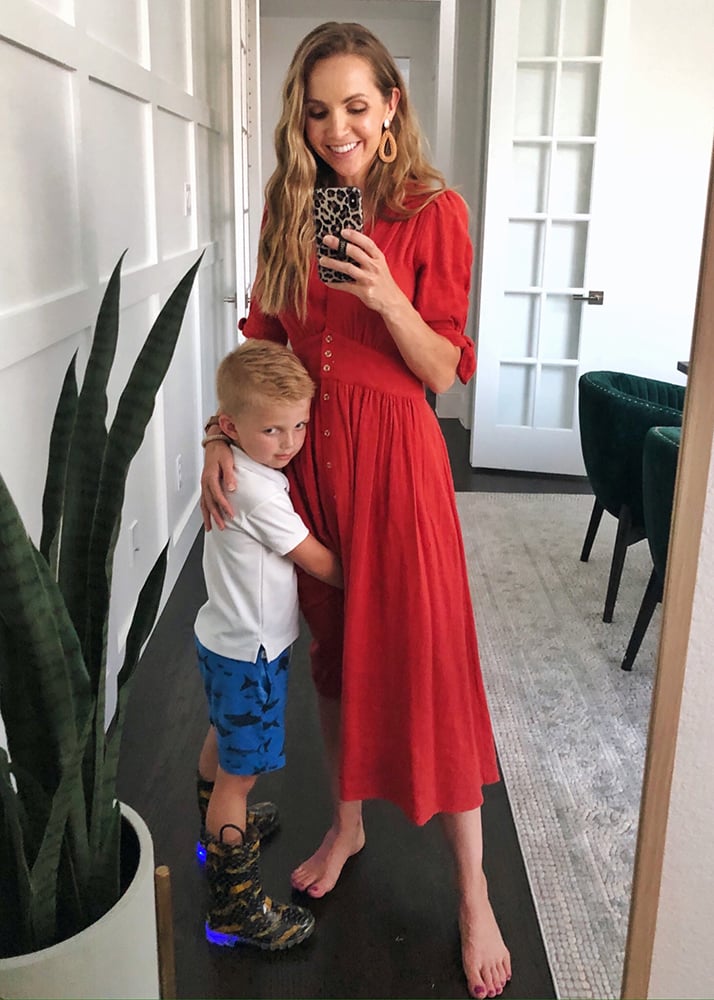 red button front midi dress