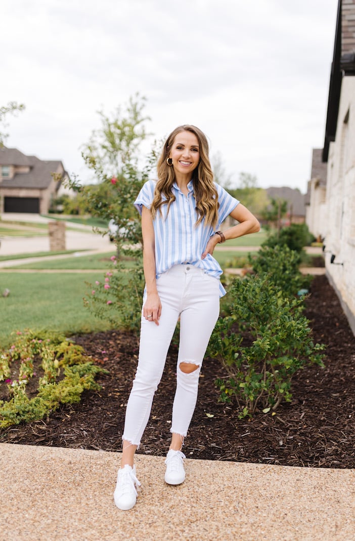 blue and white striped shirt with white jeans
