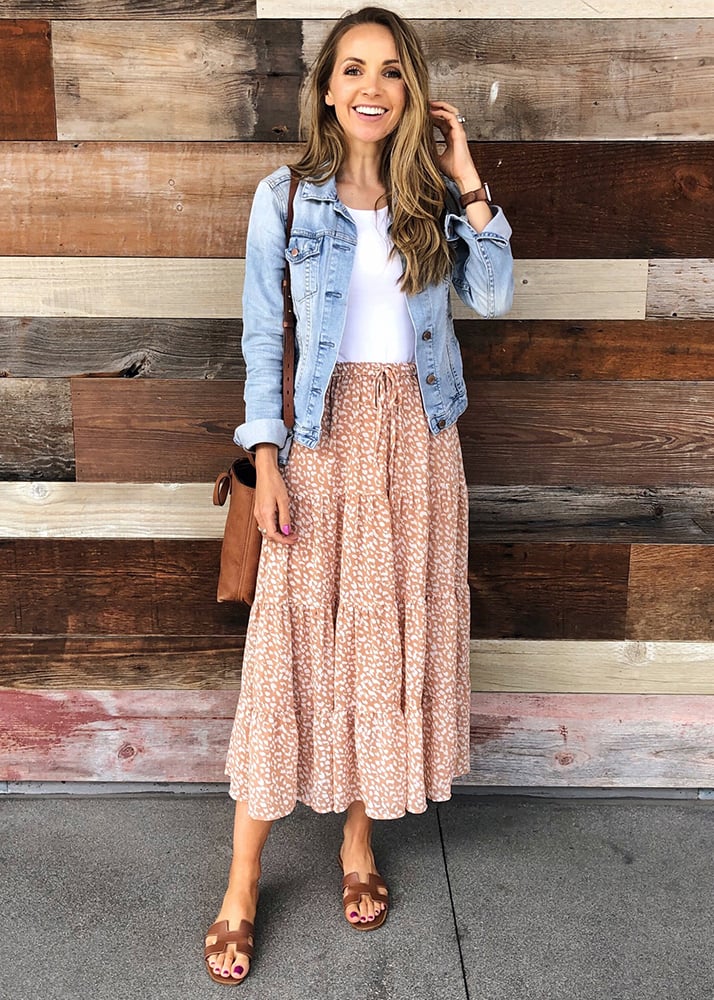 denim jacket and floral midi skirt