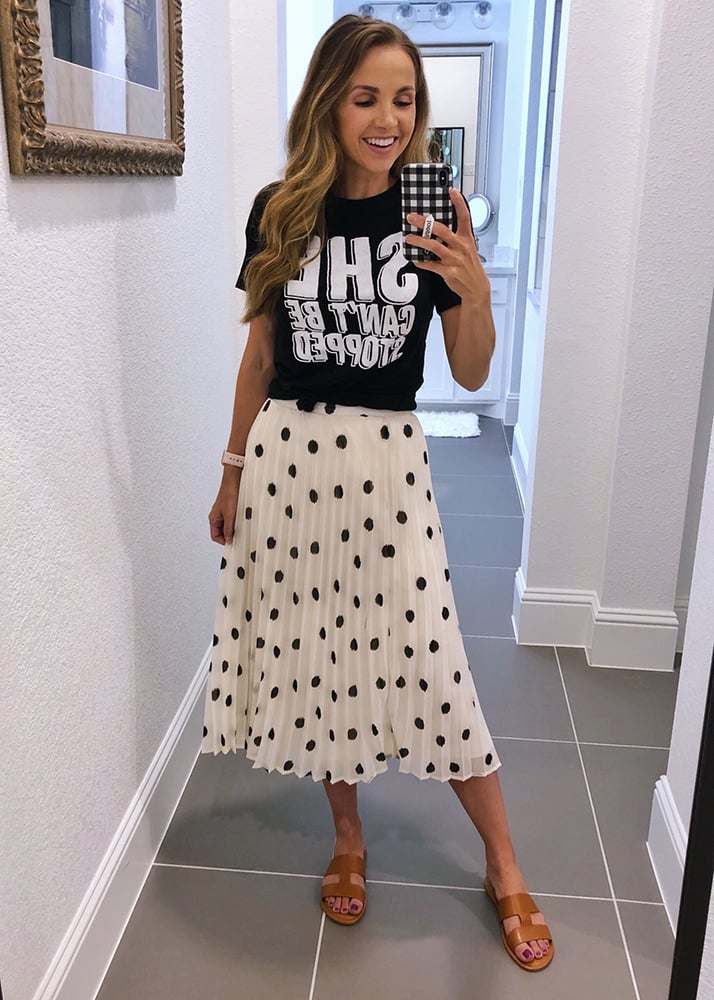 graphic tee and polka dot skirt