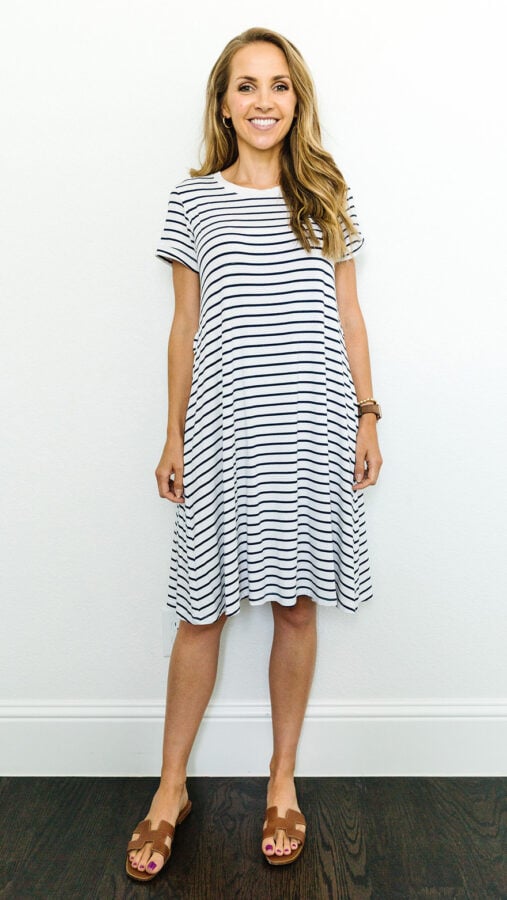 striped Merrick White dress before belt