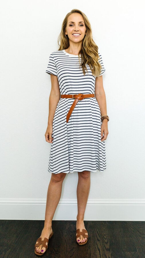 striped Merrick White dress with leather belt
