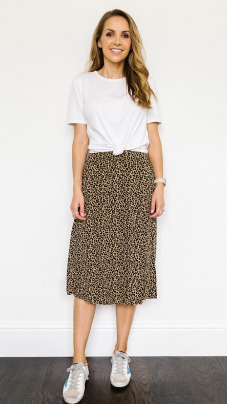 leopard skirt with white tee and jewelry