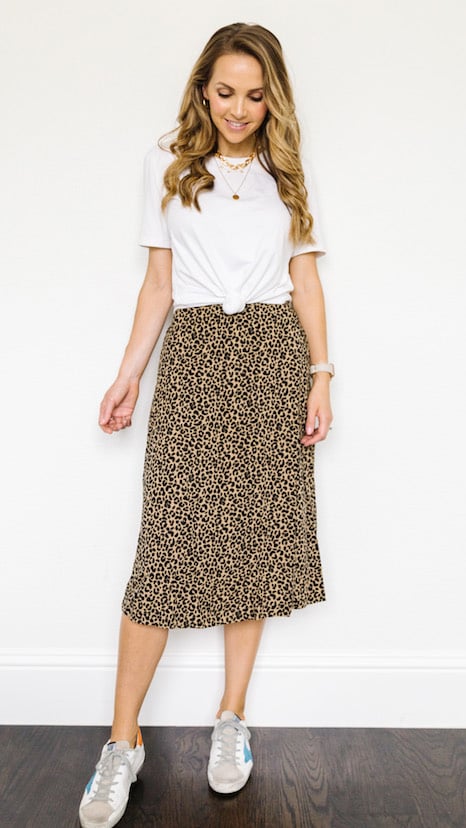leopard skirt with knotted white tee