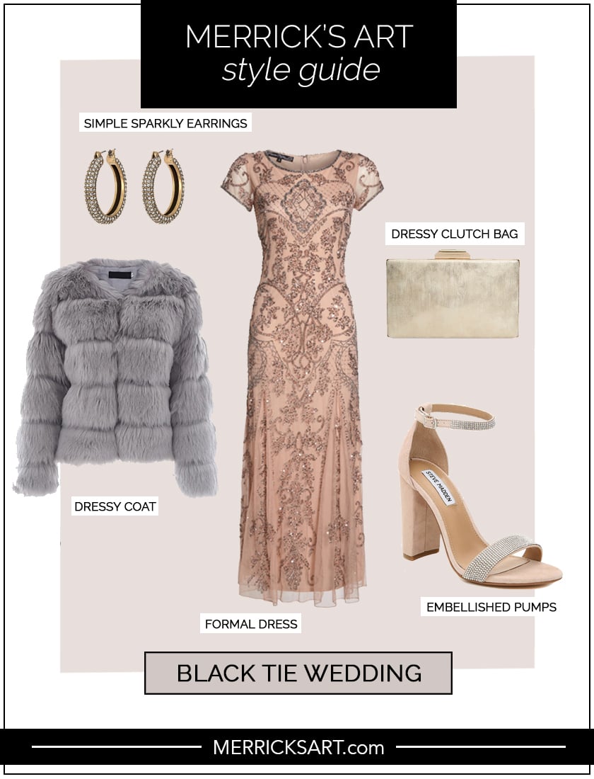 collage of style guide for black tie wedding guest