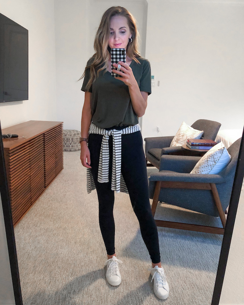 green tee with leggings