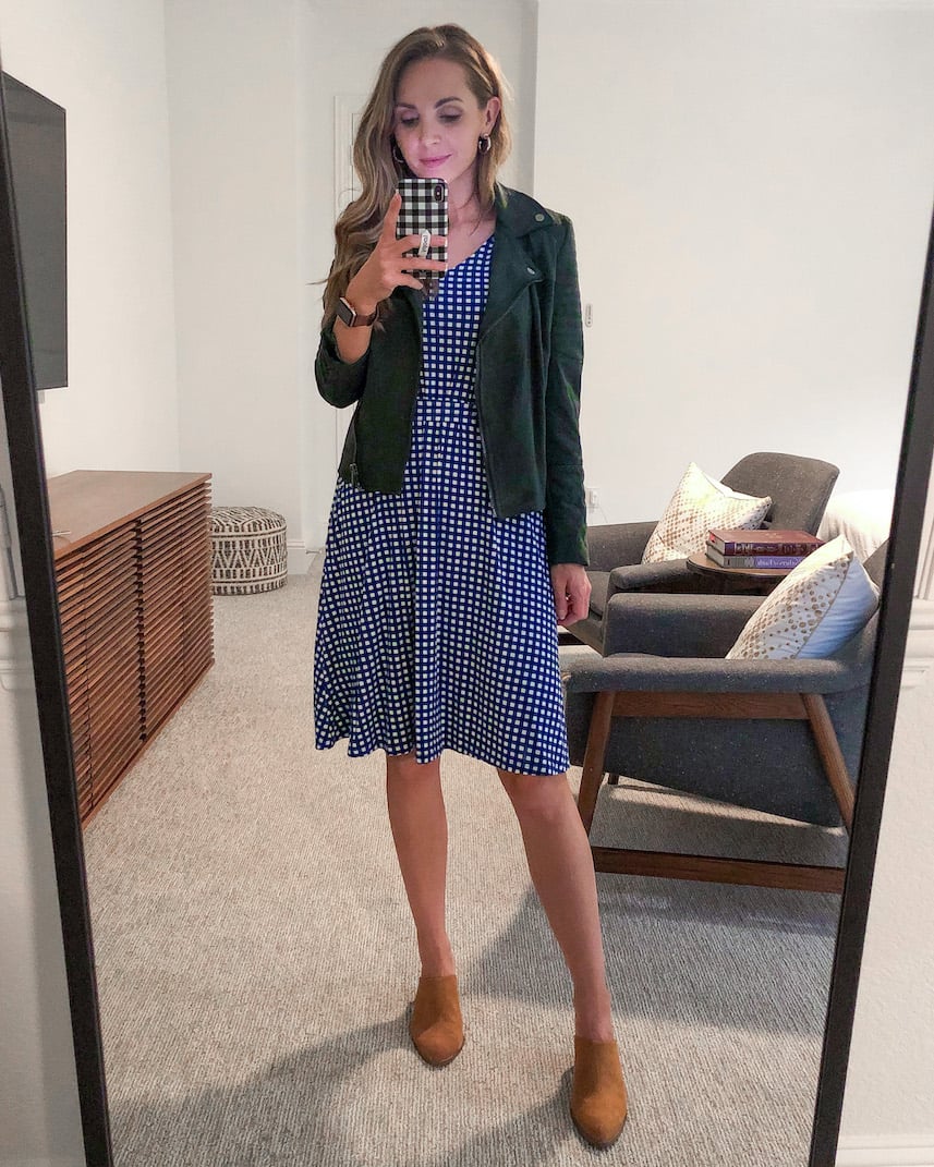 suede jacket with gingham dress
