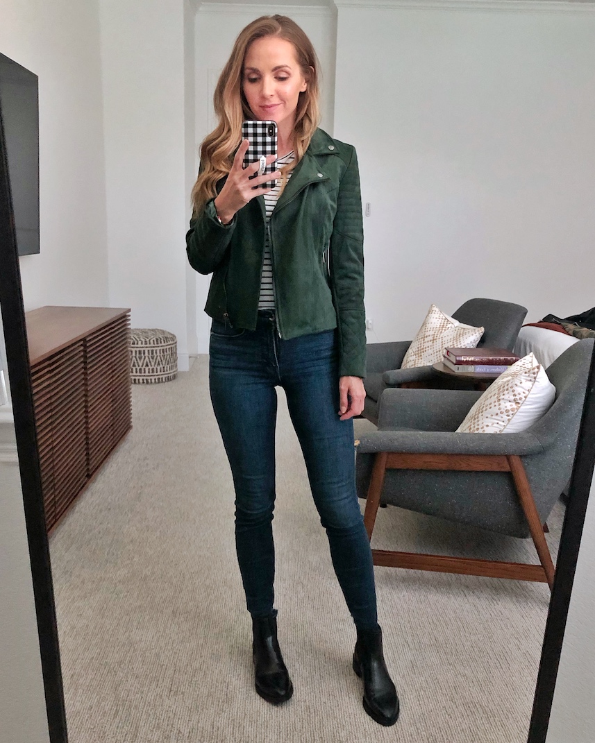 green suede jacket with boots