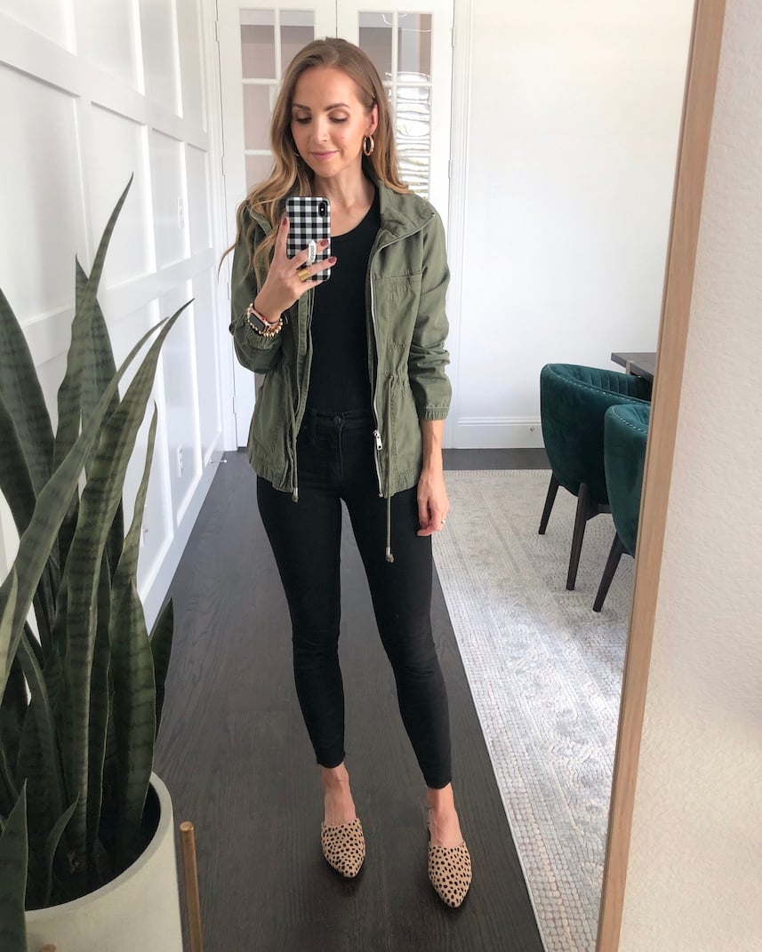 leopard flats with black jeans, black bodysuit, and olive jacket