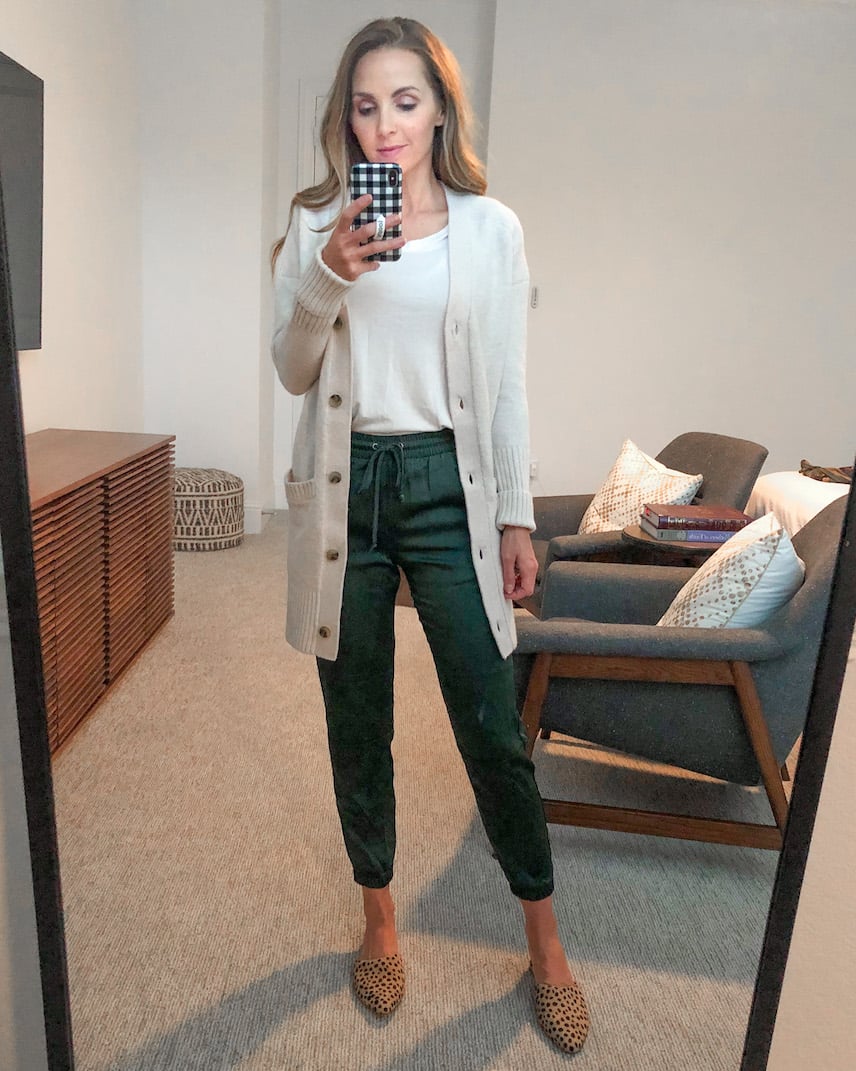 silk joggers and cardigan sweater