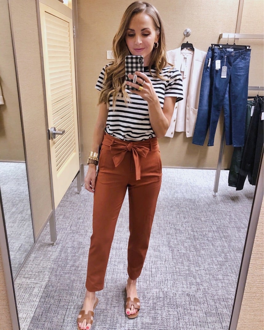 Rust Tie front pants with striped tee